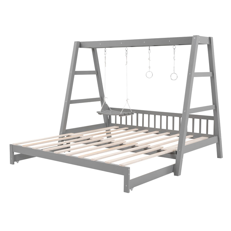 Extendable Twin Daybed with Swing and Ring Handles, Gray(Twin bed can be pulled out to be King)