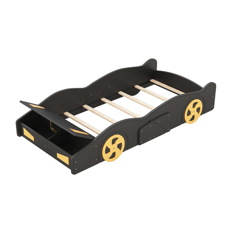 Twin Size Race Car-Shaped Platform Bed with Wheels and Storage, Black+Yellow