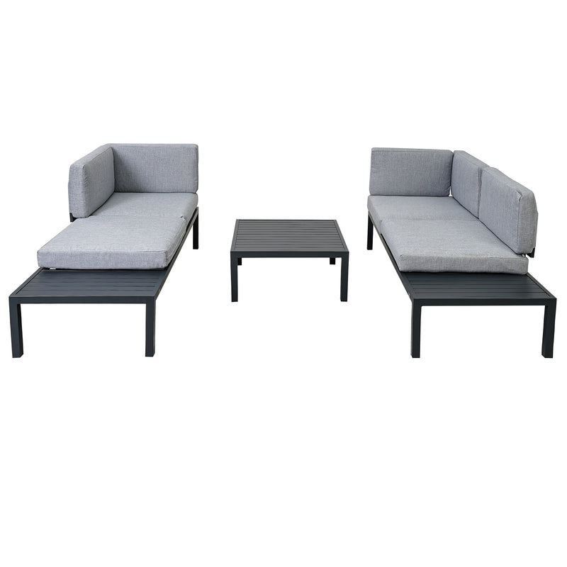 Outdoor 3-piece Aluminum Alloy Sectional Sofa Set with End Table and Coffee Table,Black Frame+Gray Cushion