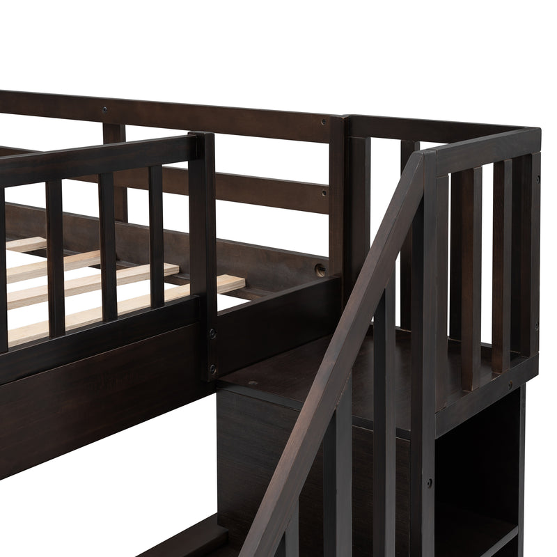 Stairway Full-Over-Full Bunk Bed with Drawer, Storage and Guard Rail for Bedroom, Espresso color