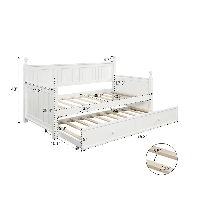 Twin Size Wood Daybed with Twin Size Trundle (White)