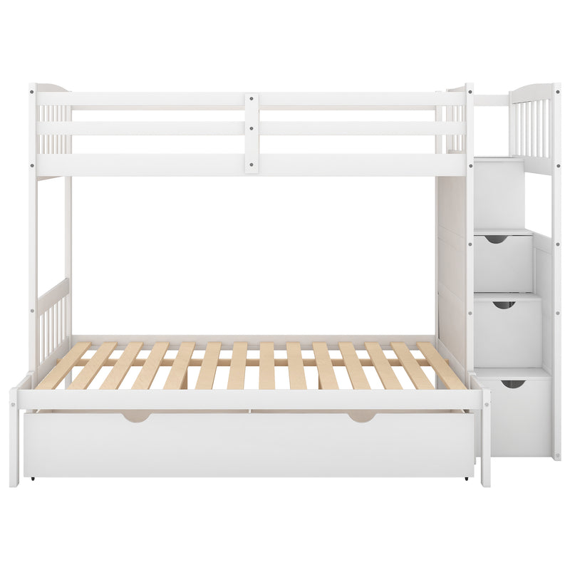 Twin over Full/Twin Bunk Bed, Convertible Bottom Bed, Storage Shelves and Drawers, White