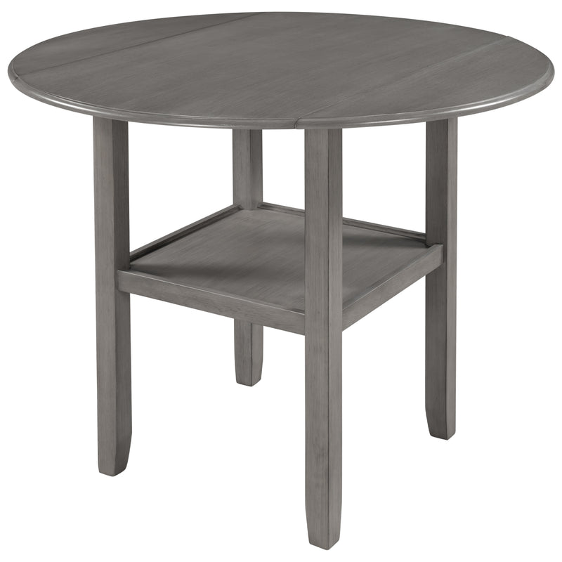 Farmhouse 3 Piece Round Counter Height Kitchen Dining Table Set with Drop Leaf Table, One Shelf and 2 Cross Back Padded Chairs for Small Places, Gray