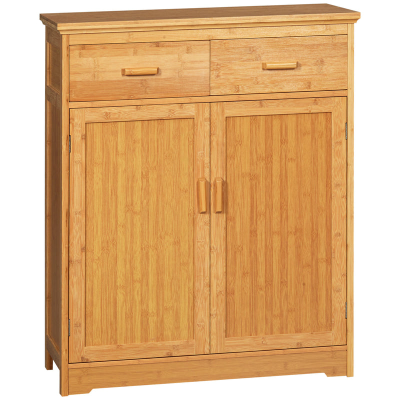 HOMCOM Bathroom Storage Cabinet, Bamboo Floor Cabinet with Drawers, Double Doors and Adjustable Shelves, Natural