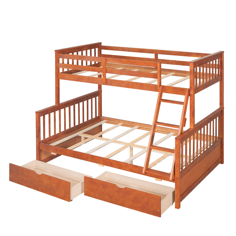 Twin-Over-Full Bunk Bed with Ladders and Two Storage Drawers (Walnut)