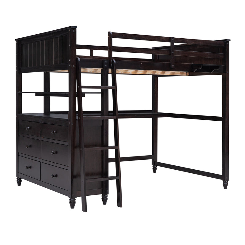 Full size Loft Bed with Drawers and Desk, Wooden Loft Bed with Shelves - Espresso