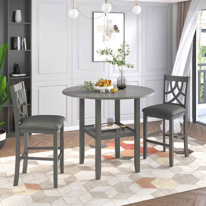 Farmhouse 3 Piece Round Counter Height Kitchen Dining Table Set with Drop Leaf Table, One Shelf and 2 Cross Back Padded Chairs for Small Places, Gray