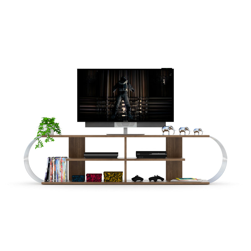 FurnisHome Store Mid Century Modern Tv Stand 4 Shelves Open Storage Entertainment Centre 68 inch Tv Unit, Walnut/Chrome