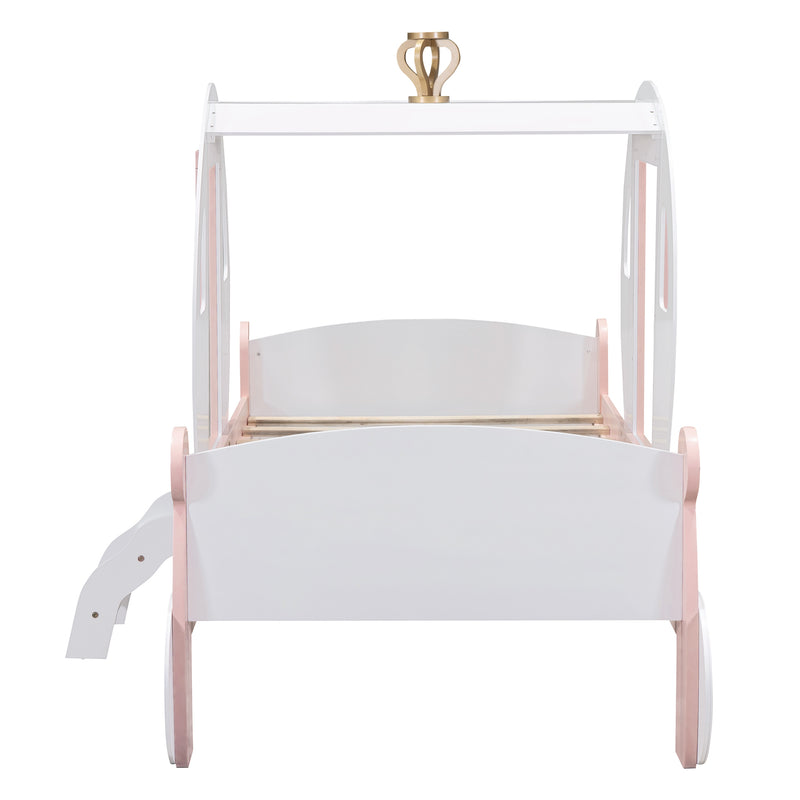 Twin size Princess Carriage Bed with Crown ,Wood Platform Car Bed with Stair,White+Pink