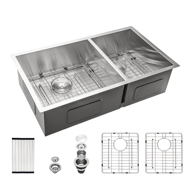 18 Gauge Stainless Steel 33x19 inch Undermount Double Bowl Kitchen Sink (60/40) with 9 Inch Deep Sink