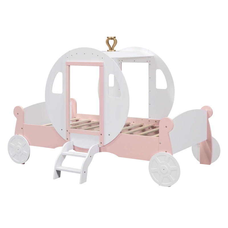 Twin size Princess Carriage Bed with Crown ,Wood Platform Car Bed with Stair,White+Pink