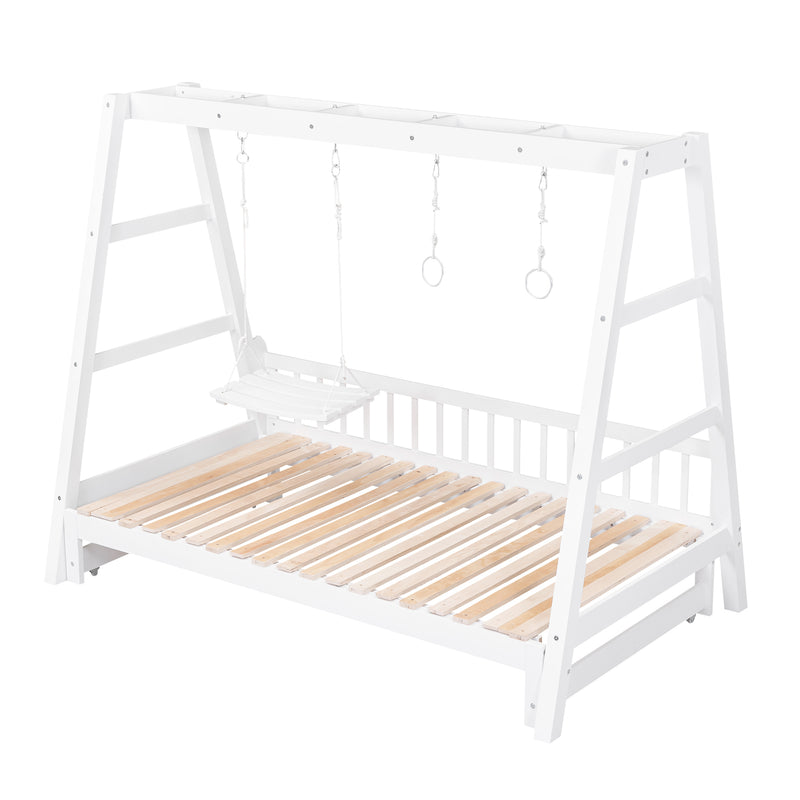 Extendable Twin Daybed with Swing and Ring Handles, White(Twin bed can be pulled out to be King)