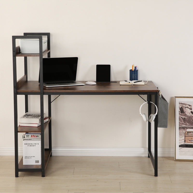 High-quality and multi-function, 47-inch H-shaped computer desk, with bookshelf, with fabric drawer, with earphone hook, easy to assemble