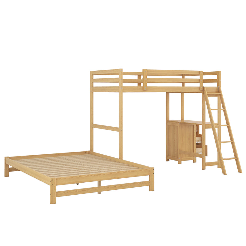 Twin over Full Bunk Bed with Built-in Desk and Three Drawers,Natural