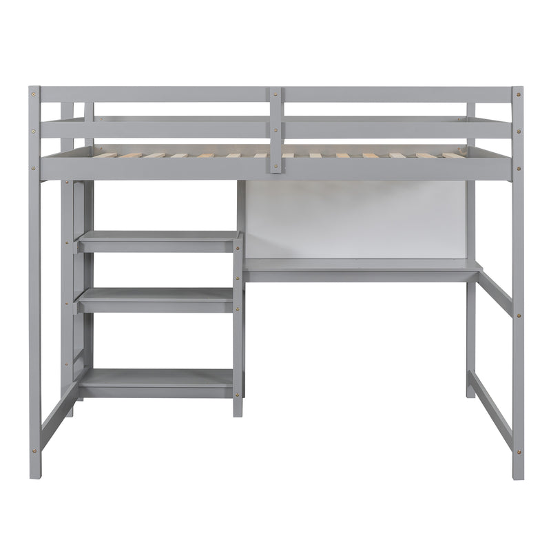 Full Size Wooden Loft Bed with Shelves, Desk and Writing Board - Gray