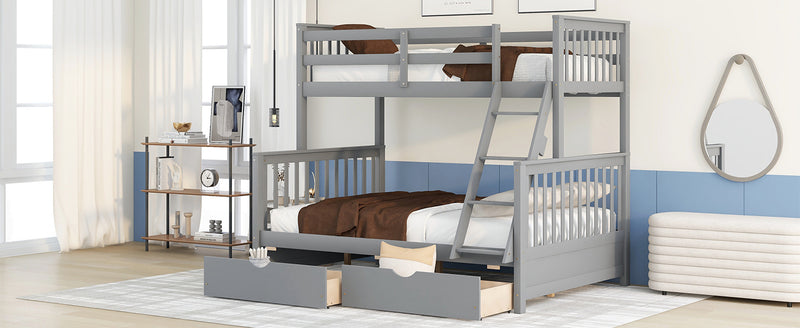 Twin-Over-Full Bunk Bed with Ladders and Two Storage Drawers(Gray)