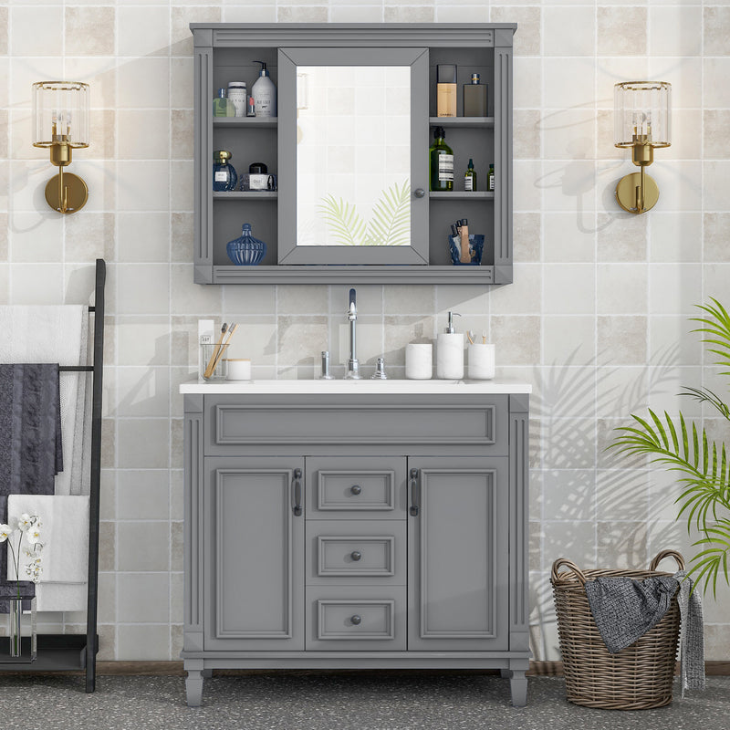 36'' Bathroom Vanity with Top Sink, Grey Mirror Cabinet, Modern Bathroom Storage Cabinet with 2 Soft Closing Doors and 2 Drawers, Single Sink Bathroom Vanity