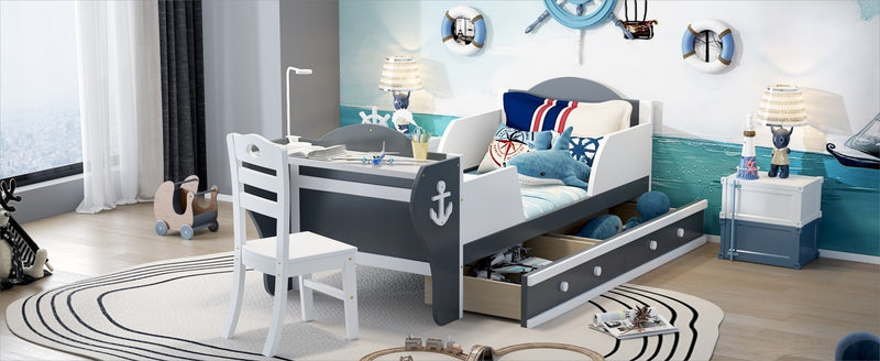 Twin Size Boat-Shaped Platform Bed with Two Drawers,Twin Bed with Desk and Chair for Bedroom,White+Gray