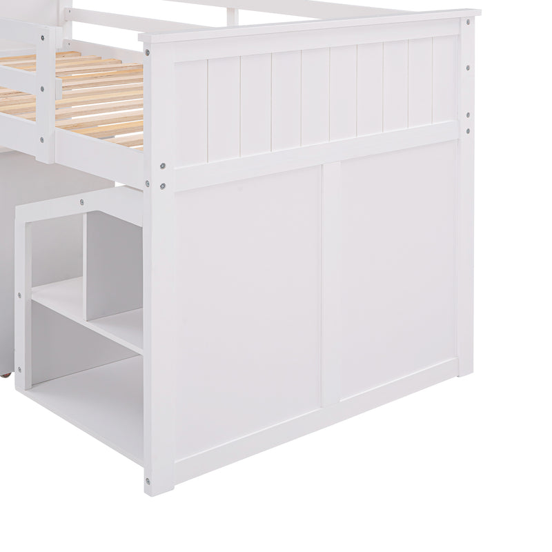 Loft Bed Low Study Twin Size Loft Bed With Storage Steps and Portable,Desk,White