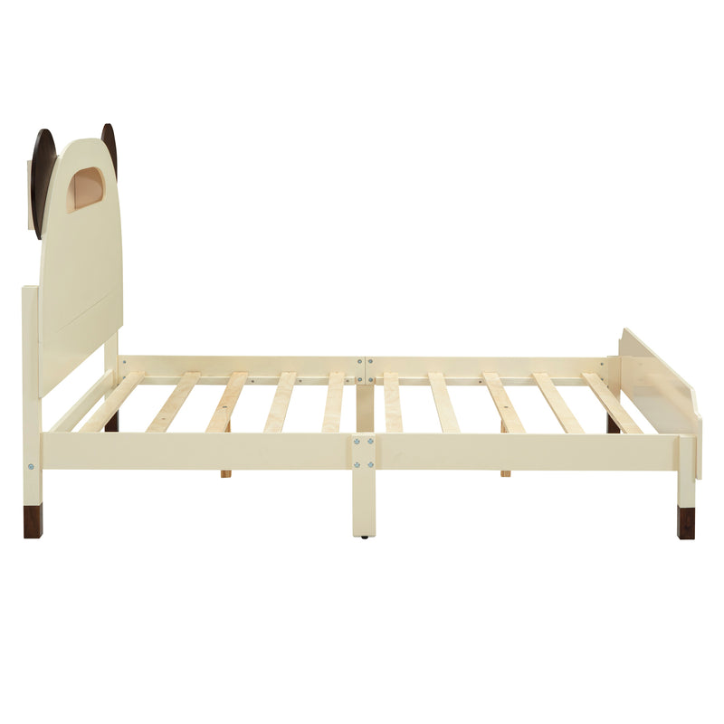 Full Size Wood Platform Bed with Bear-shaped Headboard,Bed with Motion Activated Night Lights,Cream+Walnut