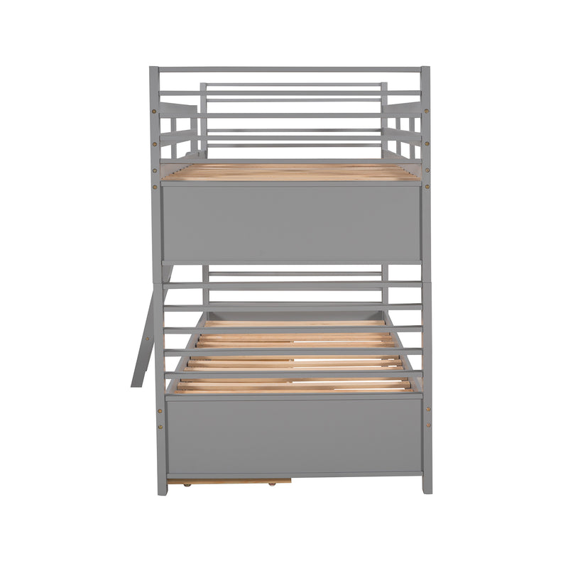 Twin over Twin Wood Bunk Bed with Two Drawers - Gray