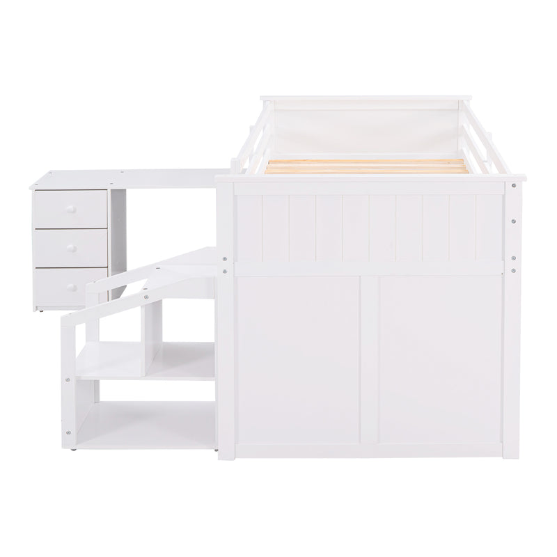 Loft Bed Low Study Twin Size Loft Bed With Storage Steps and Portable,Desk,White