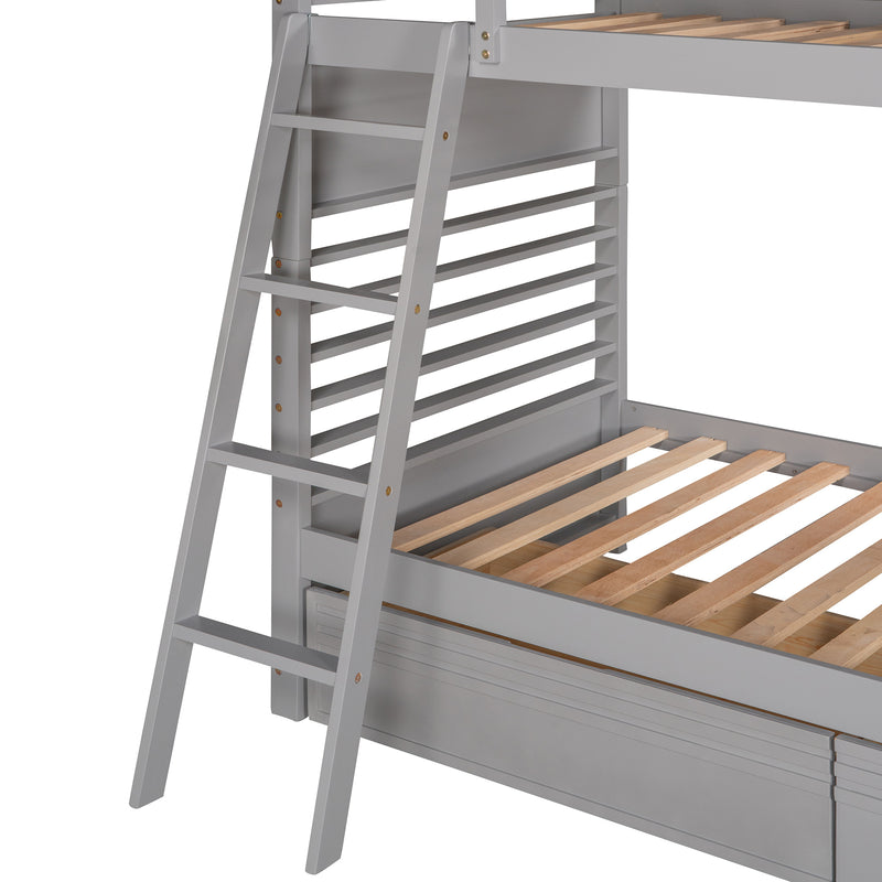 Twin over Twin Wood Bunk Bed with Two Drawers - Gray