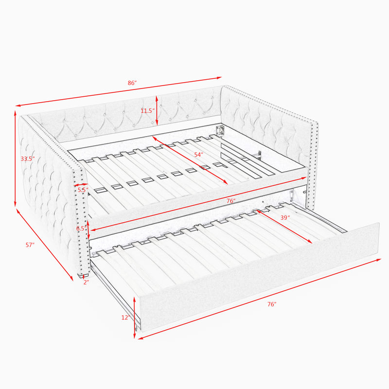 Daybed with Trundle Upholstered Tufted Sofa Bed, with Button and Copper Nail on Square Arms，Full Daybed & Twin Trundle, Grey（86“x57”x33.5“）