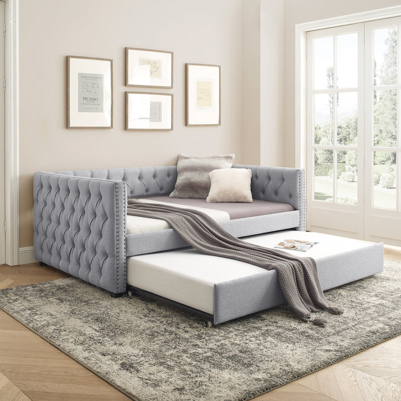 Daybed with Trundle Upholstered Tufted Sofa Bed, with Button and Copper Nail on Square Arms，Full Daybed & Twin Trundle, Grey（86“x57”x33.5“）