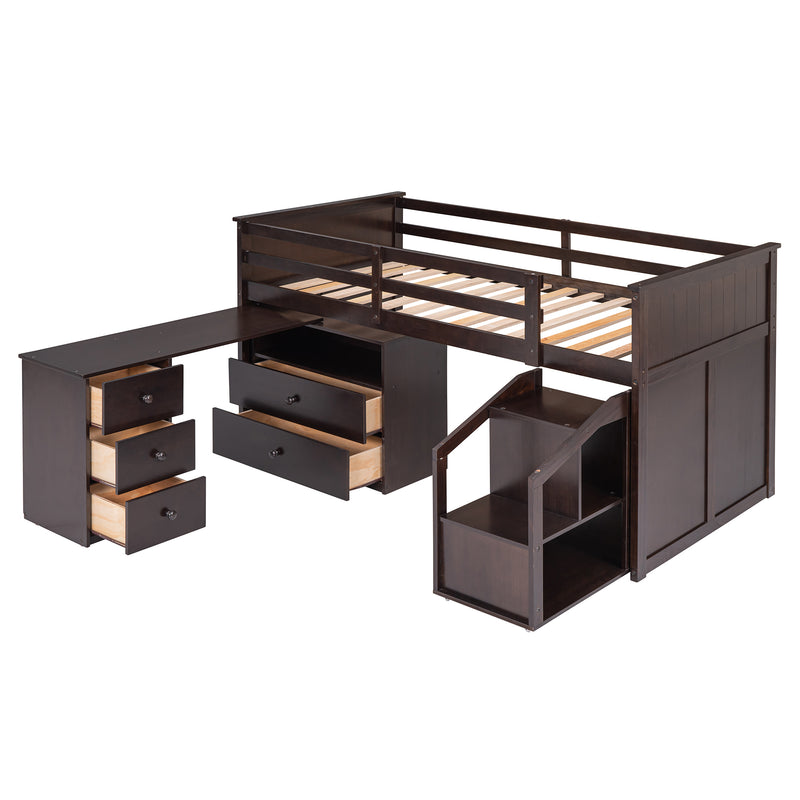 Loft Bed Low Study Twin Size Loft Bed With Storage Steps and Portable,Desk,Espresso