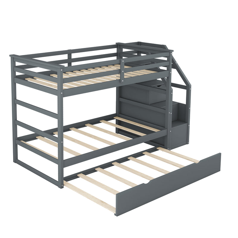 Twin-Over-Twin Bunk Bed with Twin Size Trundle and 3 Storage Stairs,Gray