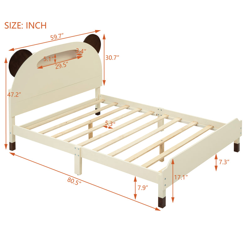 Full Size Wood Platform Bed with Bear-shaped Headboard,Bed with Motion Activated Night Lights,Cream+Walnut