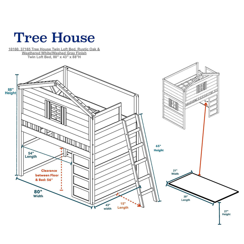 Tree House Loft Bed for Kids (Twin Size) in Weathered White & Washed Gray