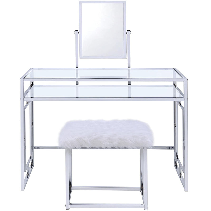 Dressing Table Cabinet in White Faux Fur & Chrome