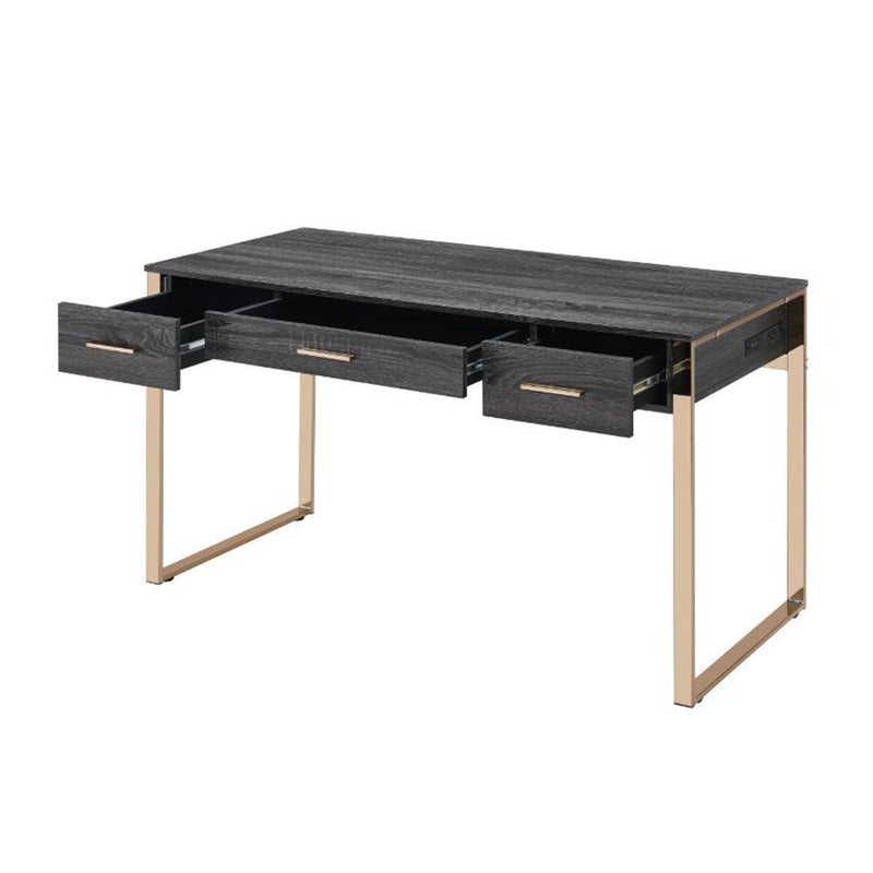 Metal Frame Wood Writing Desk, Computer Table with 2 Drawers in Champagne Gold & Black Finish