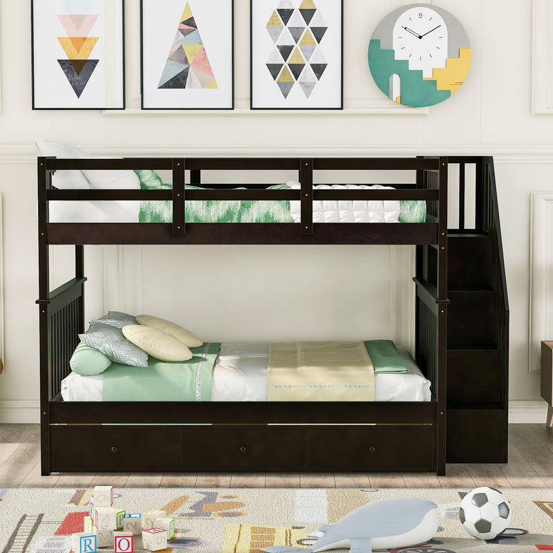 Stairway Full-Over-Full Bunk Bed with Drawer, Storage and Guard Rail for Bedroom, Espresso color