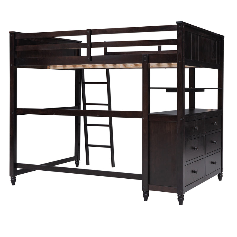 Full size Loft Bed with Drawers and Desk, Wooden Loft Bed with Shelves - Espresso