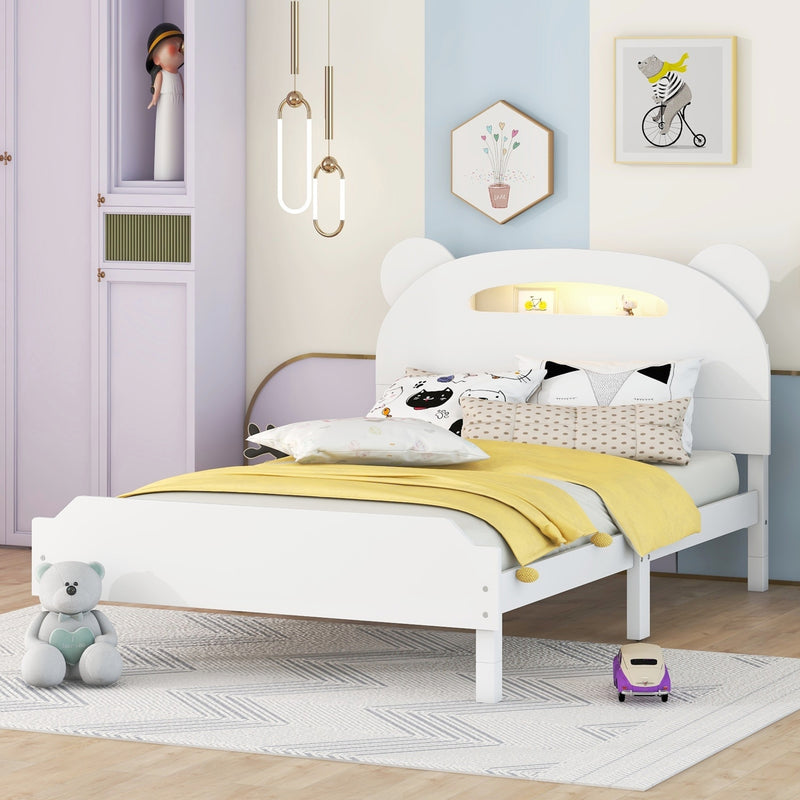 Twin Size Wood Platform Bed with Bear-shaped Headboard,Bed with Motion Activated Night Lights,White