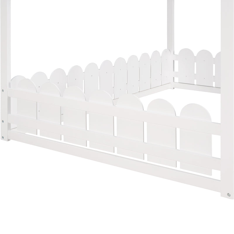 （Slats are not included) Full Size Wood Bed House Bed Frame with Fence, for Kids, Teens, Girls, Boys (White )