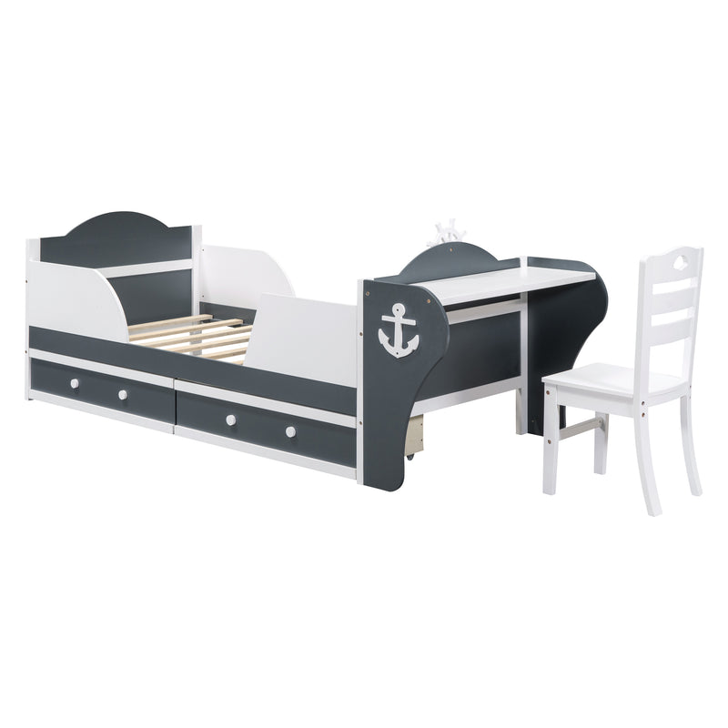 Twin Size Boat-Shaped Platform Bed with Two Drawers,Twin Bed with Desk and Chair for Bedroom,White+Gray