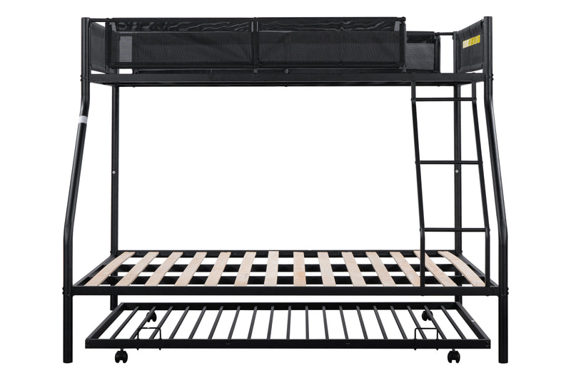 Twin over Full Metal Bunk Bed with Trundle (Wood Slat and Textilene Guardrail)