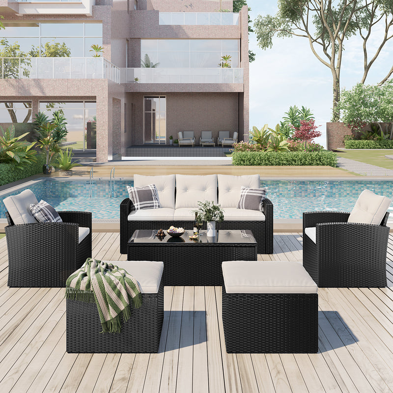 6-piece All-Weather Wicker PE rattan Patio Outdoor Dining Conversation Sectional Set with coffee table, wicker sofas, ottomans, removable cushions (Black wicker, Beige cushion)