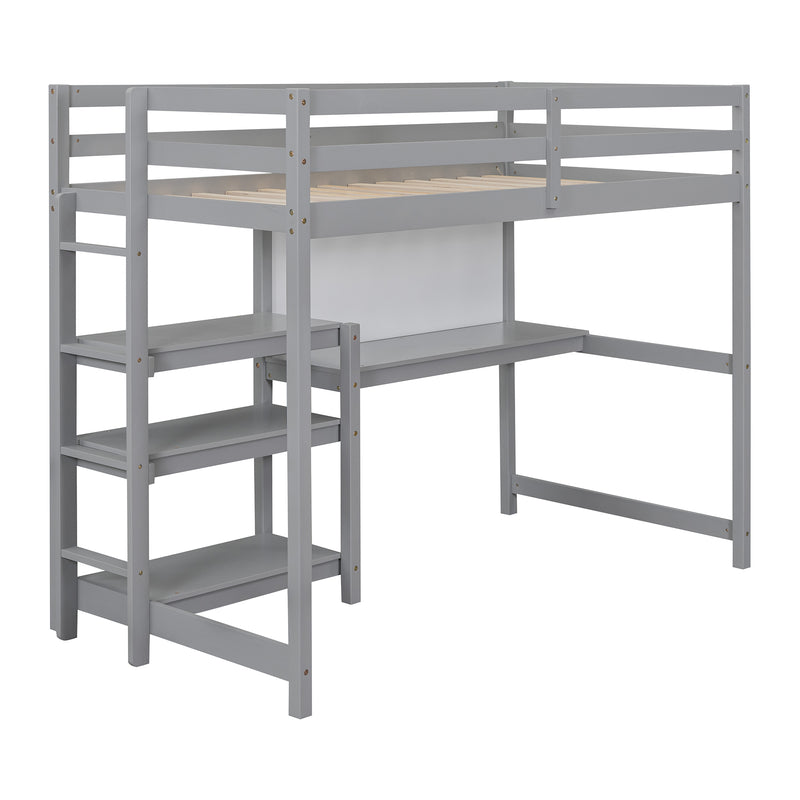 Twin Size Wooden Loft Bed with Shelves, Desk and Writing Board - Gray