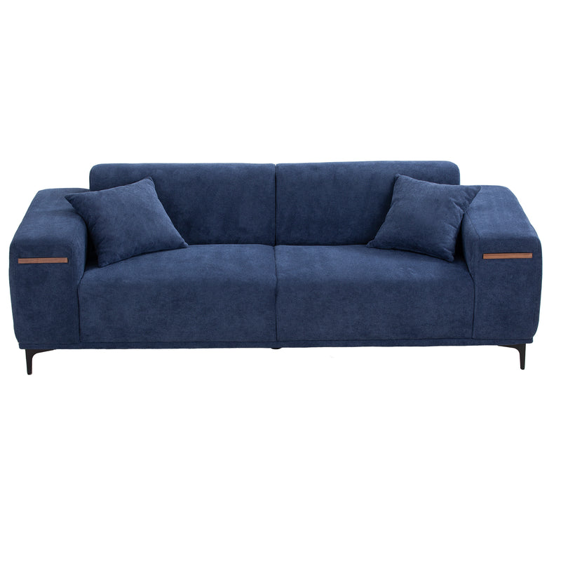 90'' Mid-Century 3 Seater Sofa with 2 Stretchable Walnut Pad Modern Fabric Upholstered Sofa for livingroom lobby office Blue