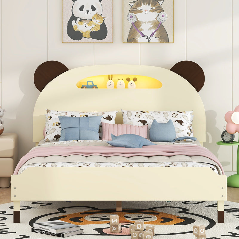 Full Size Wood Platform Bed with Bear-shaped Headboard,Bed with Motion Activated Night Lights,Cream+Walnut