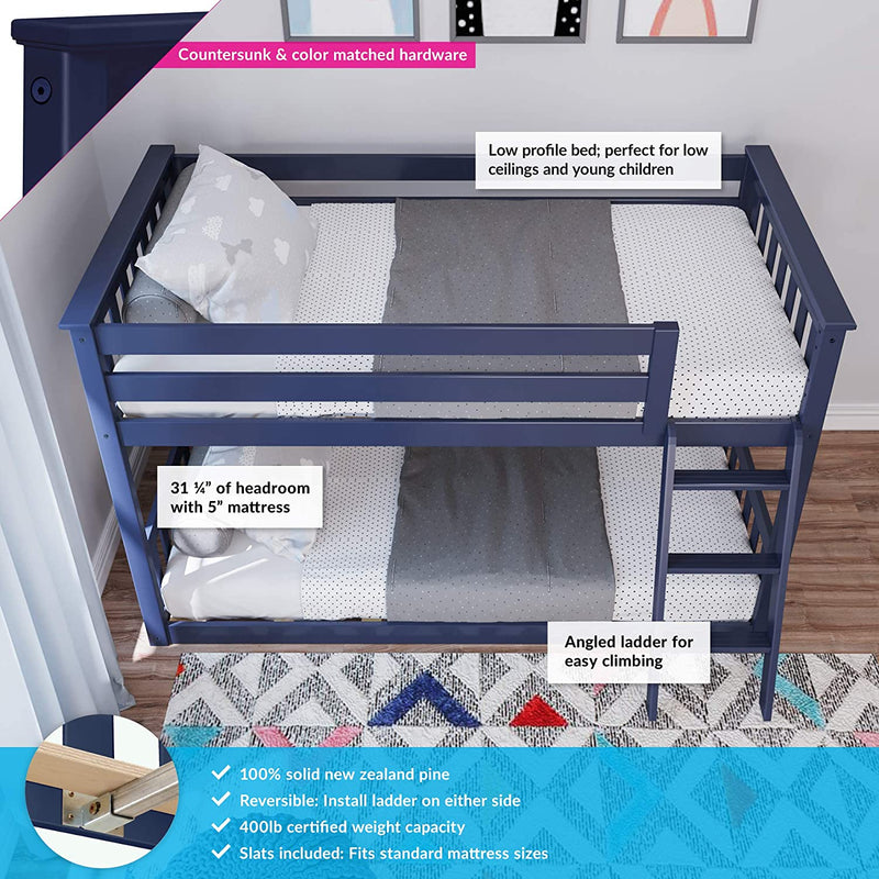 Max & Lily Solid Wood Twin Low Bunk Bed, Blue