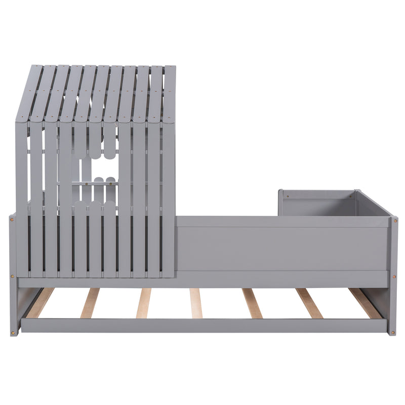 Twin Size House Low Loft Bed with Trundle,Gray