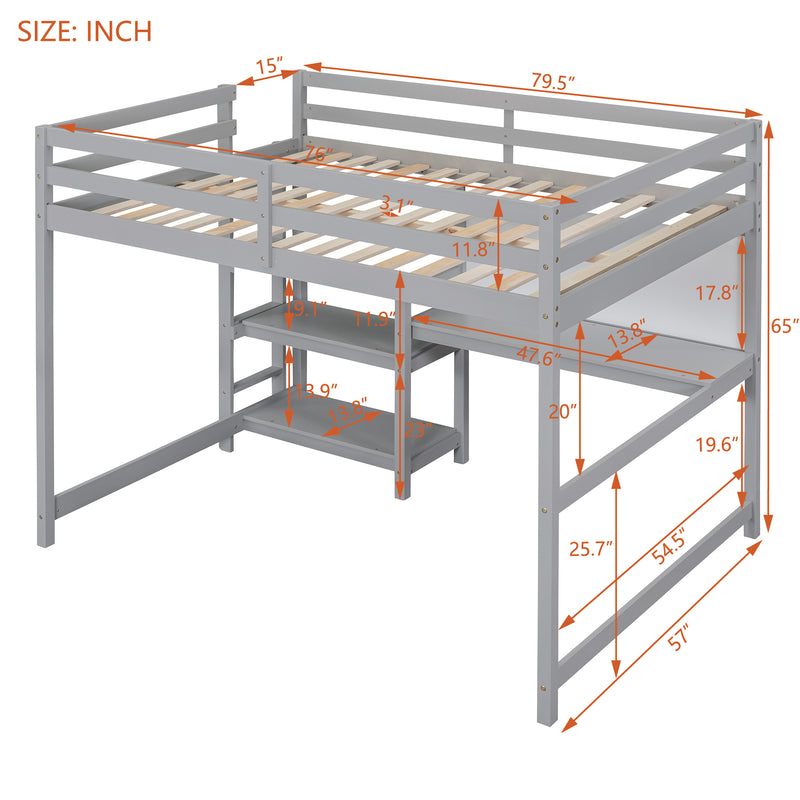 Full Size Wooden Loft Bed with Shelves, Desk and Writing Board - Gray