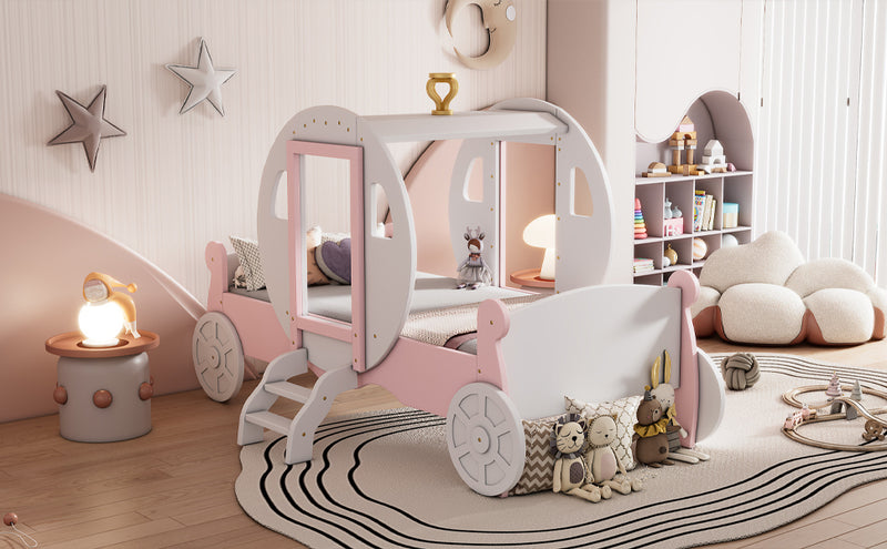 Twin size Princess Carriage Bed with Crown ,Wood Platform Car Bed with Stair,White+Pink