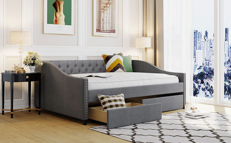 Upholstered daybed with Two Drawers, Wood Slat Support, Gray, Full Size